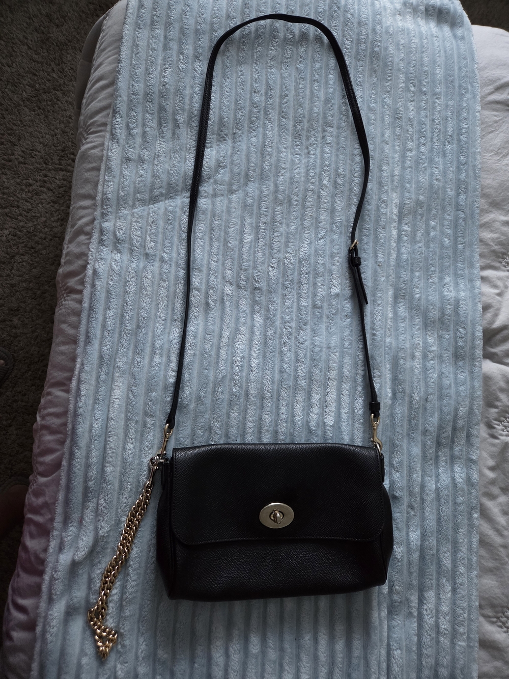Coach Black Leather Crossbody with Gold Turn-Lock and Chain Detail